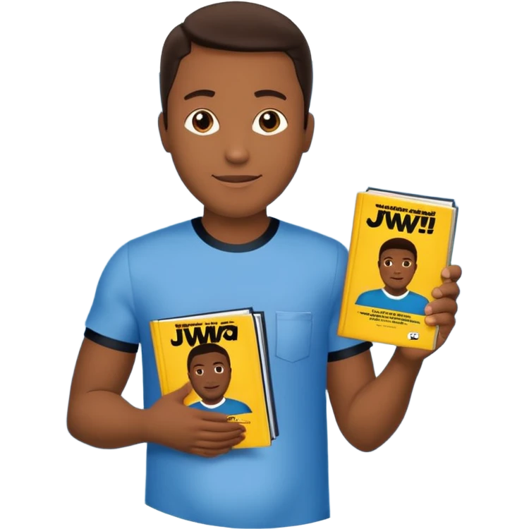 Duas Testemunha de jeová pregando com um display de revistas com JW na frente emoji