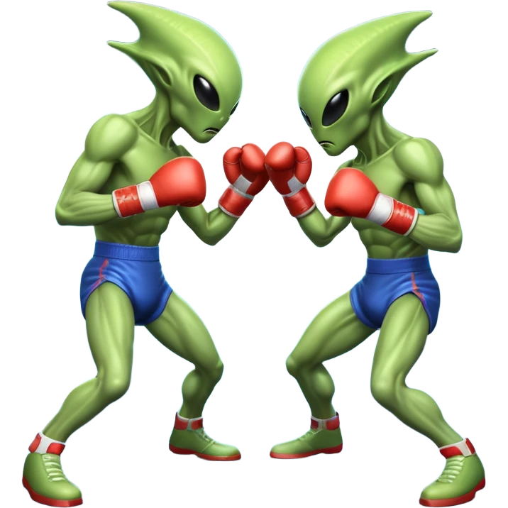 two alien fighters boxing, mid-punch action, motion blur effect, glowing energy impact, dramatic lighting, 3D cartoon, mobile game icon style, clean background, no text, no watermark
 emoji