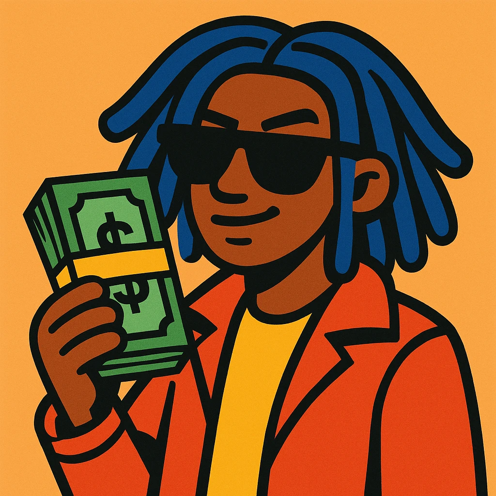 a cool character with blue dreadlocks and a stack of money, modern illustration emoji