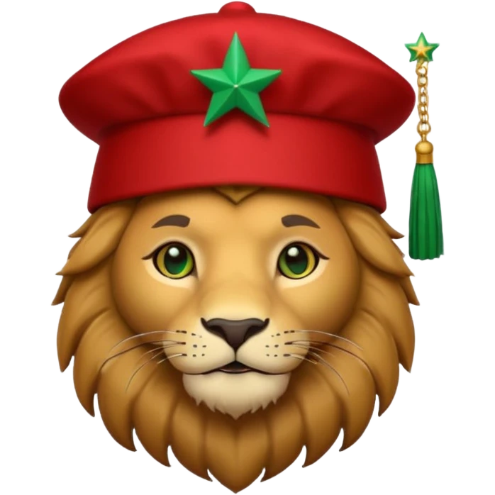 Cute lion emoji face wearing a red Moroccan fez with a green star on the front and a black tassel on the right side. Solid dark-blue background. emoji