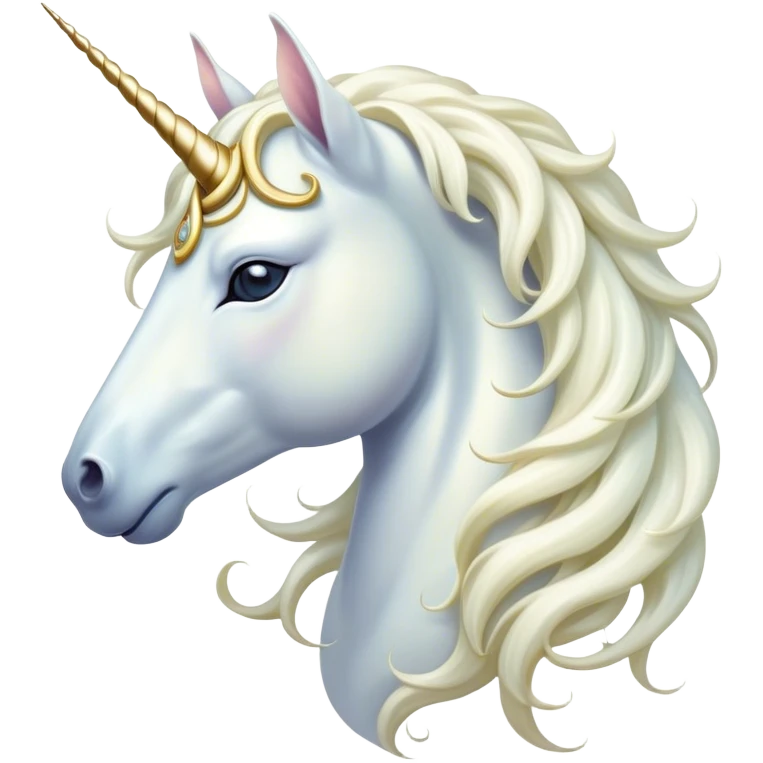 Beautiful and Majestic White Unicorn Portrait Emoji, Head and body exuding serene brilliance with a luminous, flowing mane and a gracefully spiraled horn, eyes gently closed in peaceful reverie, Simplified yet exquisitely enchanting features, highly detailed, glowing with a soft, celestial light, high shine, serene and utterly majestic, stylized with an air of timeless fantasy, soft glowing outline, capturing the essence of a beautiful and majestic white unicorn that embodies the pure magic of legend! emoji