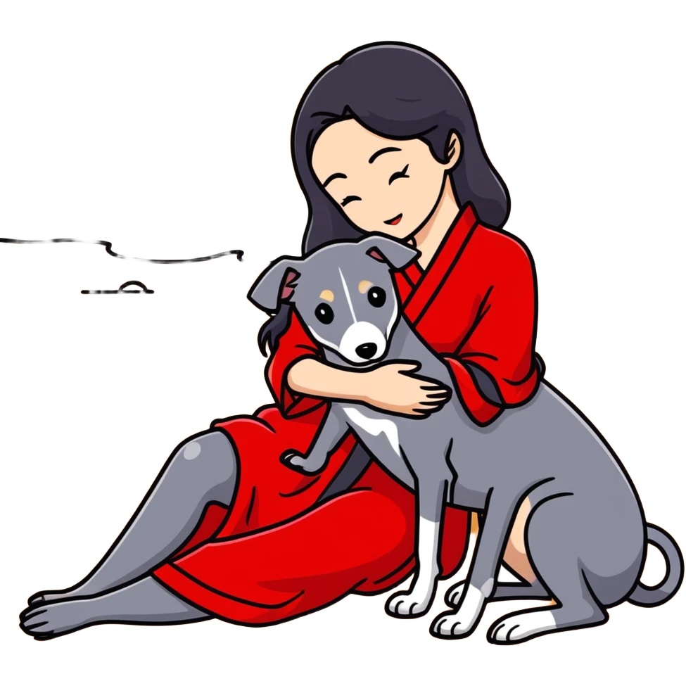 A beautiful 25-year-old Japanese woman with long flowing black hair wearing a stylish red beach dress, gently petting a PURE SOLID DARK GREY whippet with a bright RED COLLAR on a beach at night under a starry sky. The whippet MUST be 100% SOLID DARK GREY with ABSOLUTELY NO WHITE MARKINGS ANYWHERE - specifically NO WHITE on face, NO WHITE on chest, NO WHITE on paws - ENTIRELY ONE CONSISTENT SOLID DARK GREY COLOR throughout. Deep blue night sky filled with bright stars, moonlight reflecting on the ocean, sandy beach in the foreground. emoji