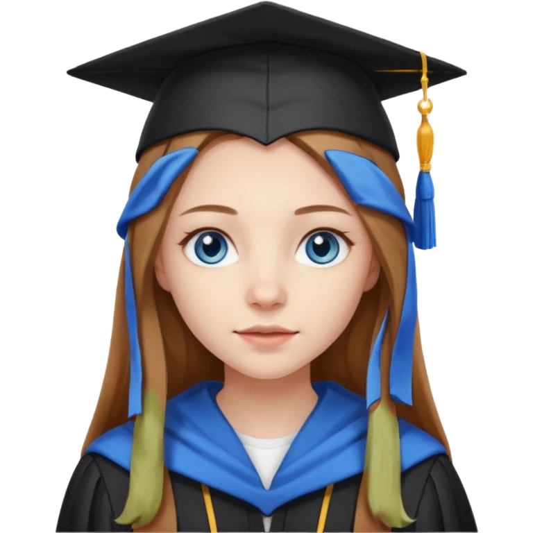 light brown haired girl with long hair, blue eyes, pale skin, wearing graduation regalia with white hood emoji
