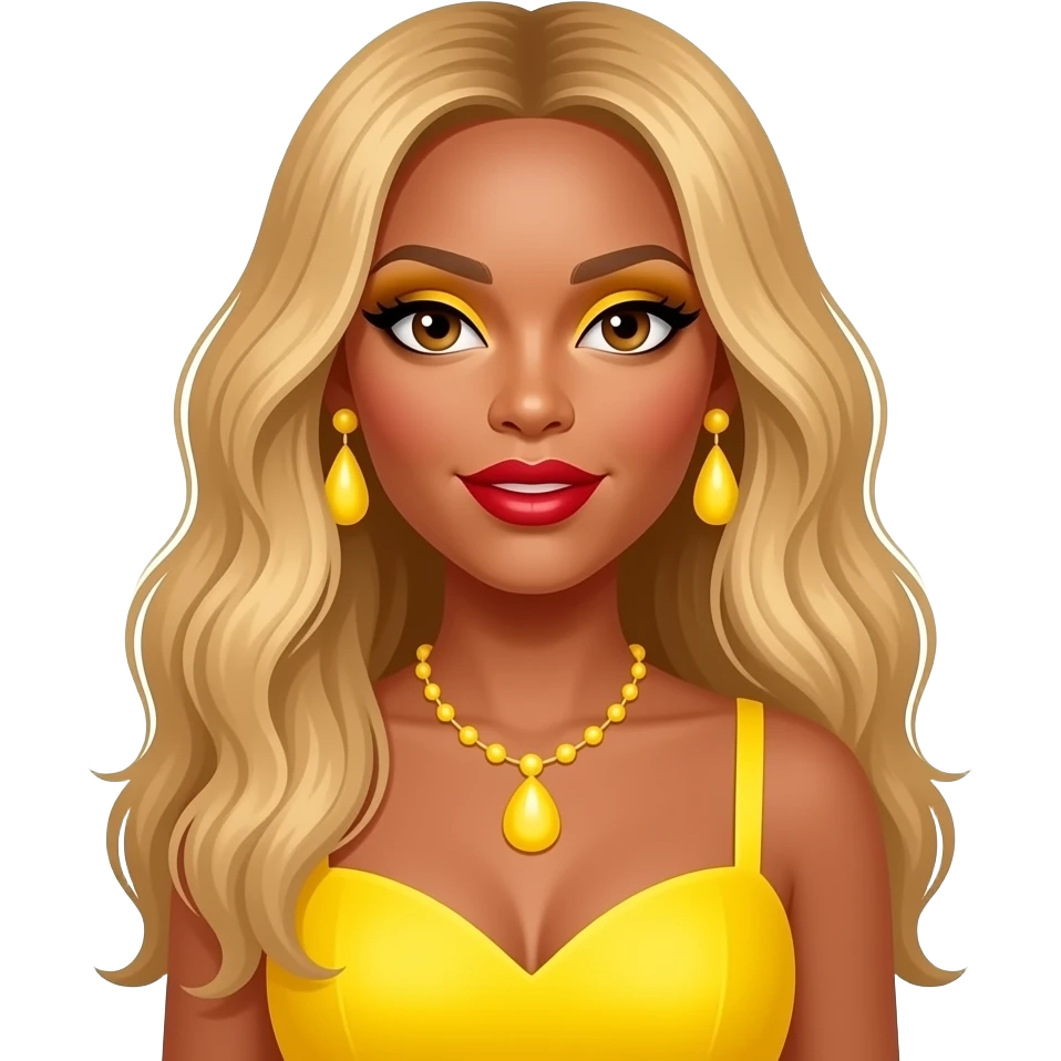 Beyonce with hazel eyes, long strawberry blonde hair, yellow eyeshadow, red lipstick, yellow dress, yellow necklace and earrings emoji