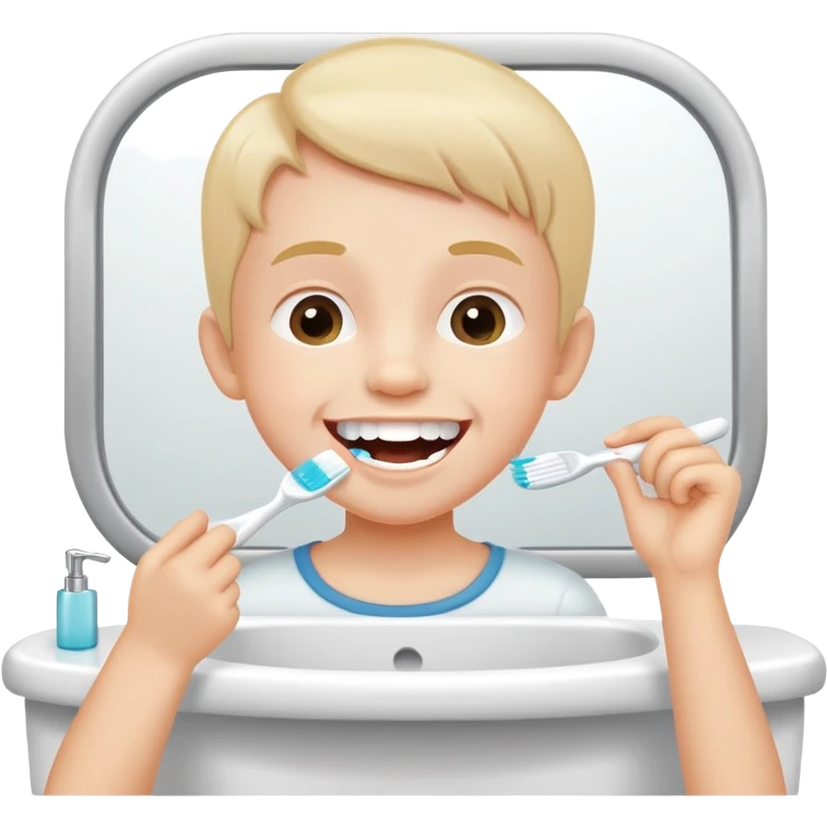 child brushing teeth in front of a bathroom mirror, cheerful expression emoji
