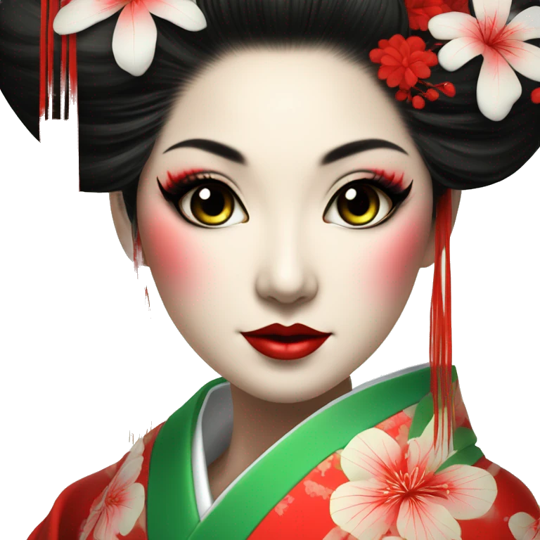 Geisha. kimono rojo. ojos verdes. ceremonia del té  emoji