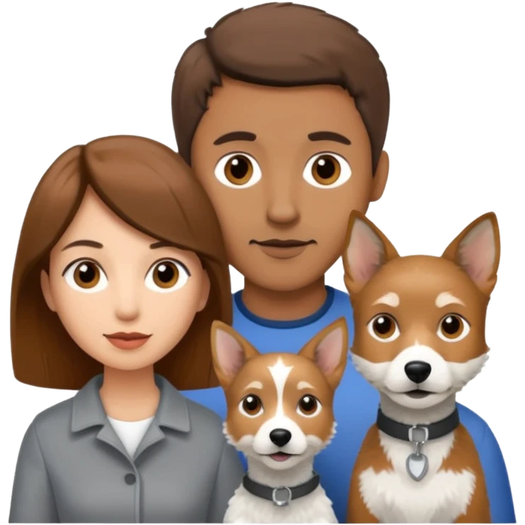 Quiero una pareja la mujer con el pelo castaño y el hombre con el color apenas moro hito con un perro Fox terrier blanco con gris  emoji
