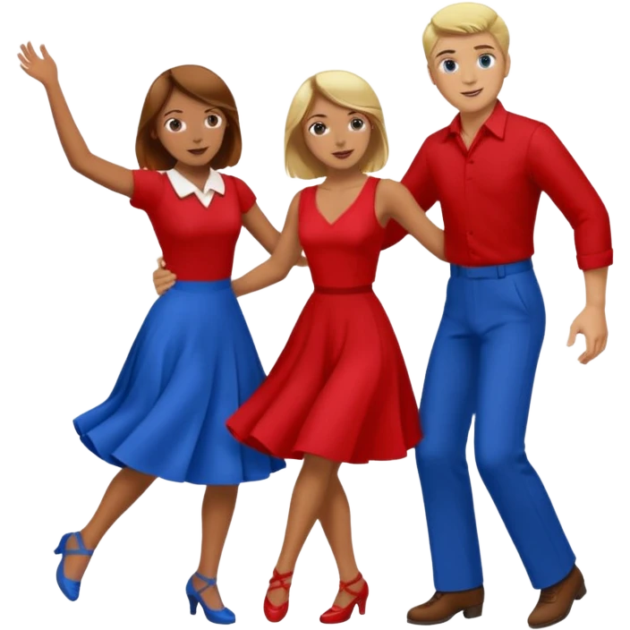 Two people. Man  wearing all red  with brown hair. Women iall blue with blond hair. Swing Dancing.  emoji