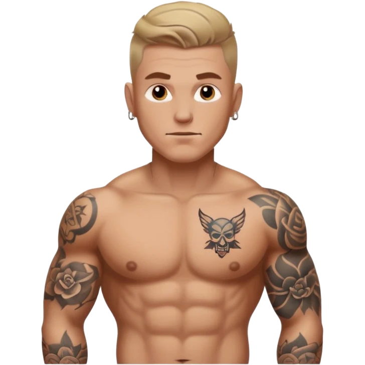 tattoo man, white skintone, more highlight the tattoo, body builder, tatto on fully chest, more tattoos. emoji