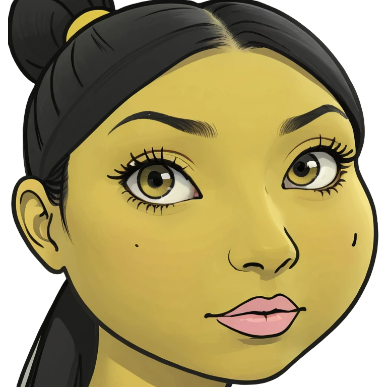 yellow circle for a face, black ponytail on the right side, two half circles on the top, eye on the left side, one side of lips on the left side, black circle as cheeks, a nose on the left side emoji
