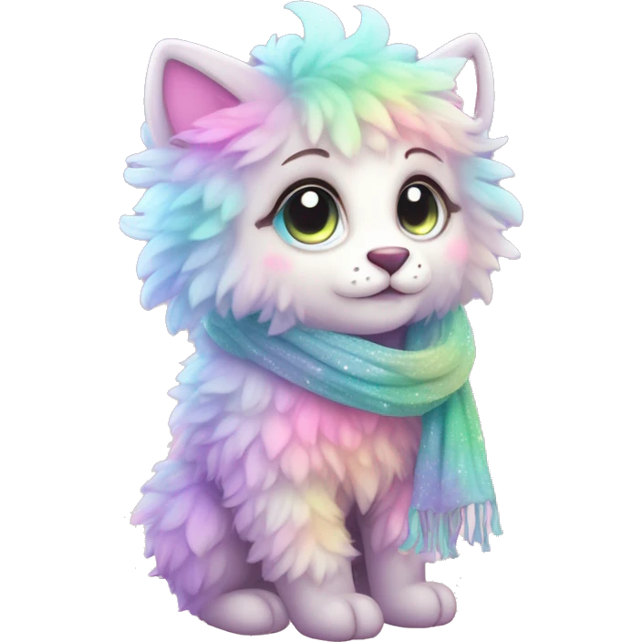 Edgy Kawaii cute gorgeous colorful sparkly bright light pastel gradient fantasy ethereal fluffy fursona animal creature with a cute scarf full body emoji