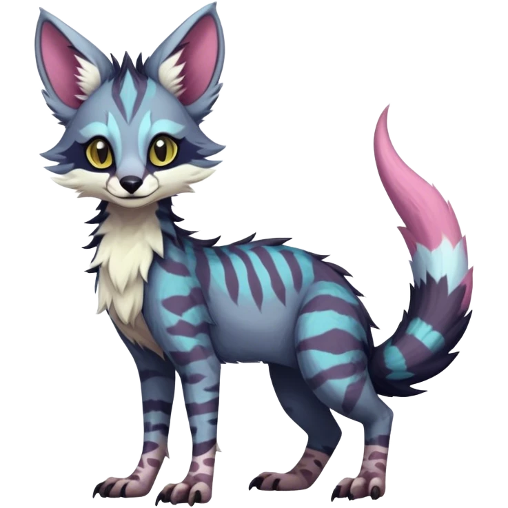 Feral Rare Fantasy dark colorful pastel vibrant lush Vernid-Sergal-Genet-Trico-species by LiLaiRa, random markings, tufted tail, tufted ears, full body emoji