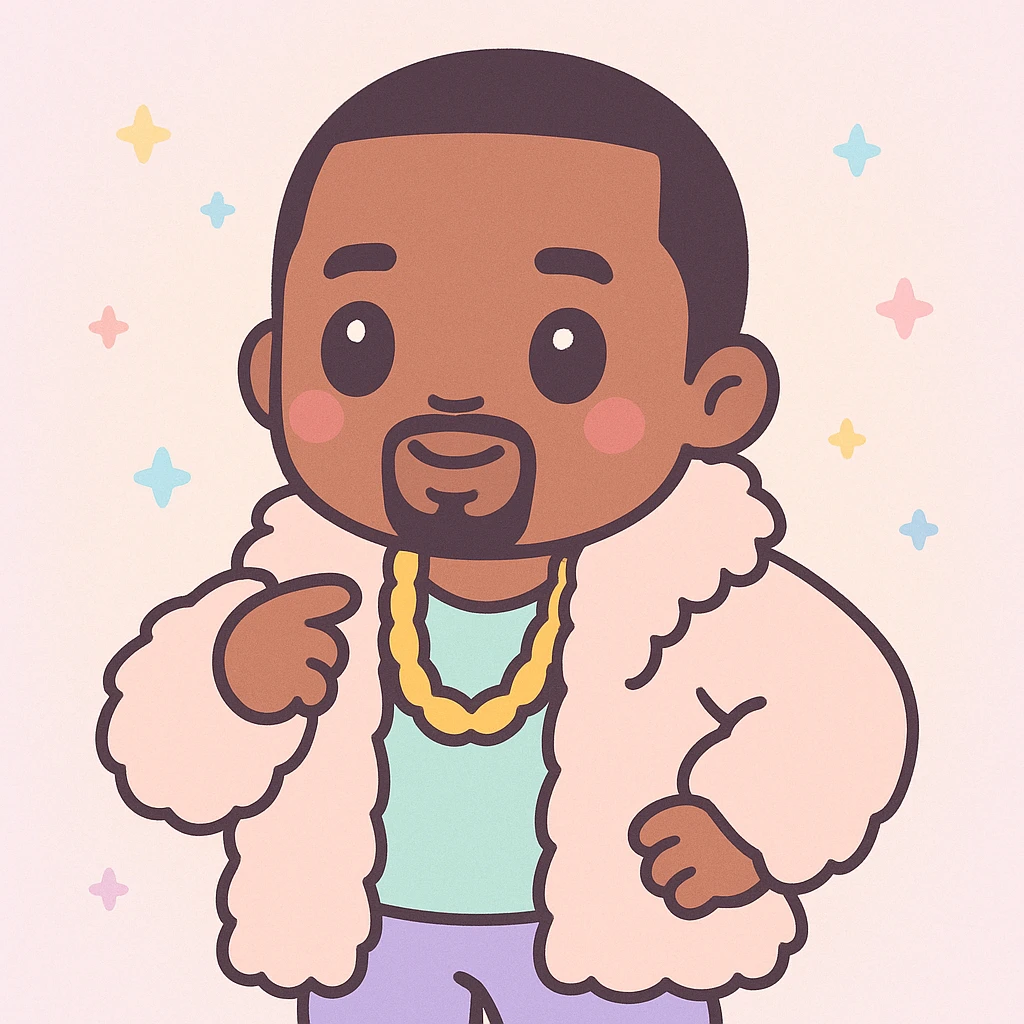 P Diddy with a confident pose, wearing a fur coat and gold chain, kawaii style emoji