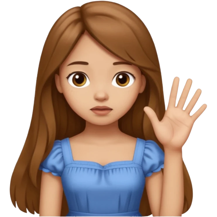 fake costumer loyalty, girl that doesn't care, she is like whatever, brown long hair, cute dress and her hand showing like i dont care whatever, make her look little bit bored emoji
