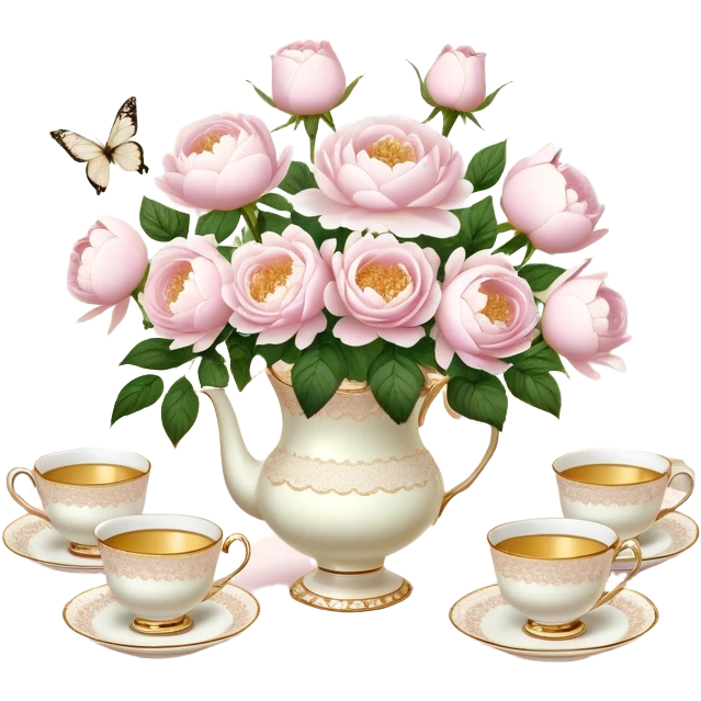 An enchanting garden tea party setting with a vintage lace tablecloth, golden-rimmed porcelain teacups, a centerpiece of light pink roses and white peonies in a pearl-trimmed vase, with delicate pearl butterflies flitting through the soft sunlight.
 emoji
