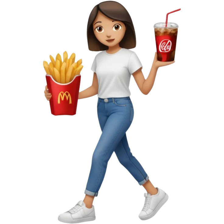 a young woman full length with cola in one hand and french fries in the other hand and a painting under her arm walking left emoji