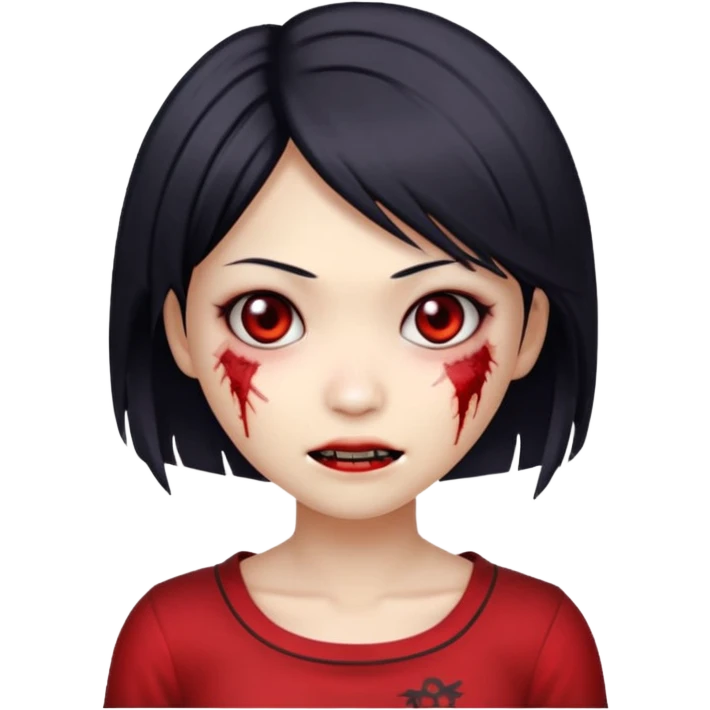 sweet Asian zombie girl emoji, Ada Wong style hair, pale skin, stitched cheek, mischievous grin emoji