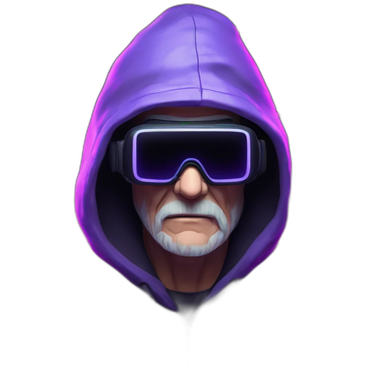 Russian old man wearing a black hoodie with "OMG" letters on it and VR headset in a cyberpunk VR environment with violet neon lighting. emoji