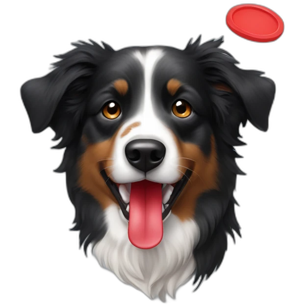 Black Tri Australian Shepherd with a red Frisbeein his mouth emoji