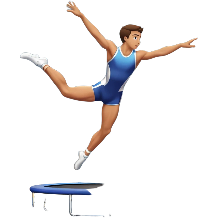 An athletic person soaring high above a trampoline, executing an acrobatic flip with perfect form. The scene captures motion and energy, with a dynamic pose, stretched limbs, and a focused expression. The background suggests a professional trampoline arena with safety padding. emoji