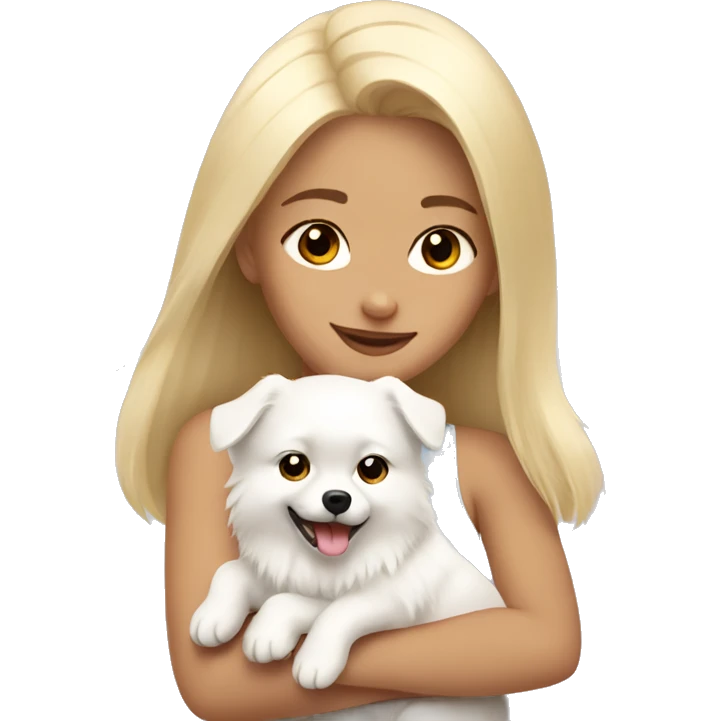 Blonde girl hugging white pomeranian emoji