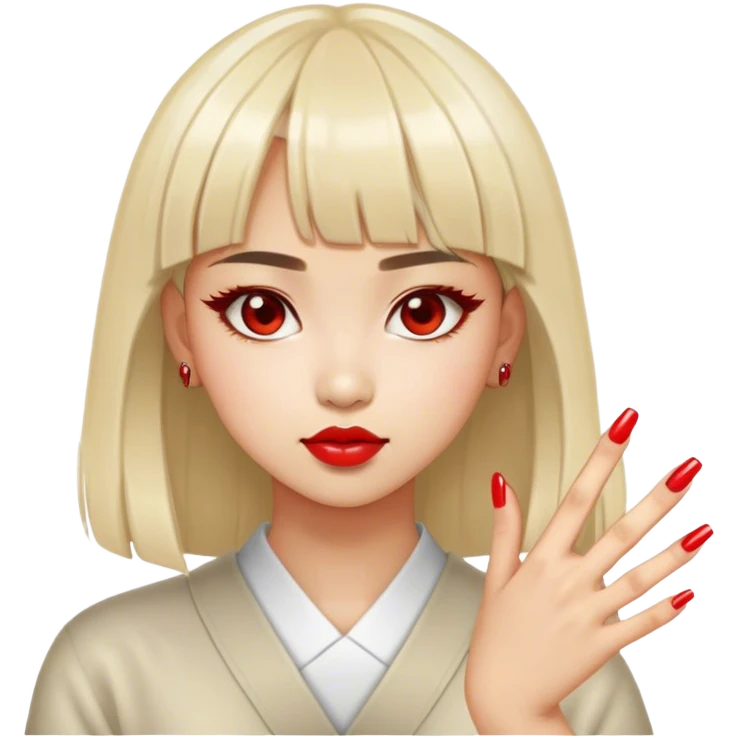 a wasian girl with bangs and red nails and she looks really cool and awesome emoji