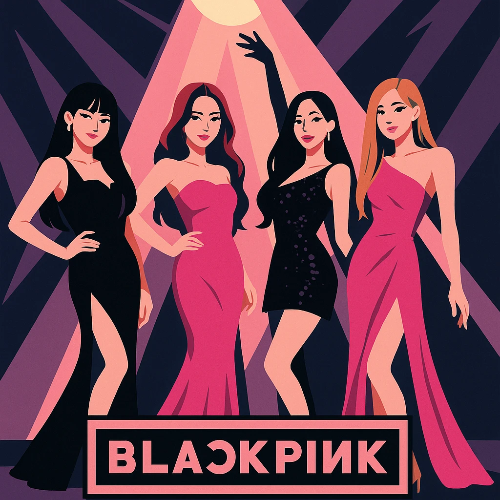 Blackpink K-pop group, pink and black theme, glamorous evening dresses, dynamic pose, spotlight effect emoji