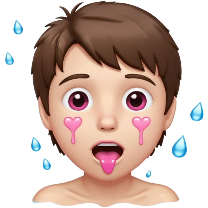 Pale Boy with shaggy brown hair, pink heart shaped eyes looking up , mouth open , water drop dripping from lips, hands grabbing at face  emoji