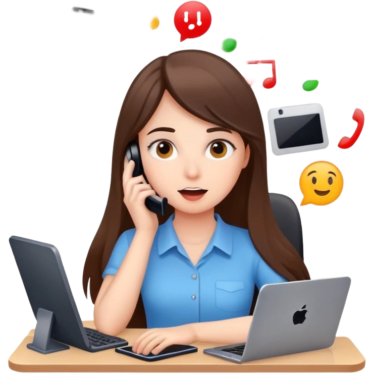 busy girl with a lot of phone calls and work, computer emoji