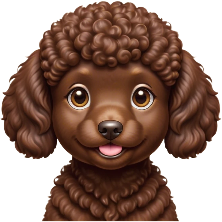 Cinematic Cute Chocolate Poodle Portrait Emoji, Head tilted playfully and inquisitively, showcasing a bouncy, curly chocolate Fur with a healthy sheen, round, sparkling brown eyes filled with curiosity, Simplified yet irresistibly adorable features, highly detailed, glowing with a warm, friendly glow, high shine, affectionate and lively, stylized with a touch of whimsy, bright and endearing, soft glowing outline, capturing the essence of a mischievous yet loving companion, so playful it feels like it could bounce out of the screen and into your arms! emoji