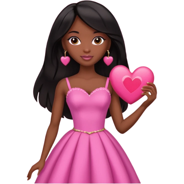 Black barbie, long black  hair, pink dress holding big heart that  visibly says the words "daily heart me" make me darksin emoji