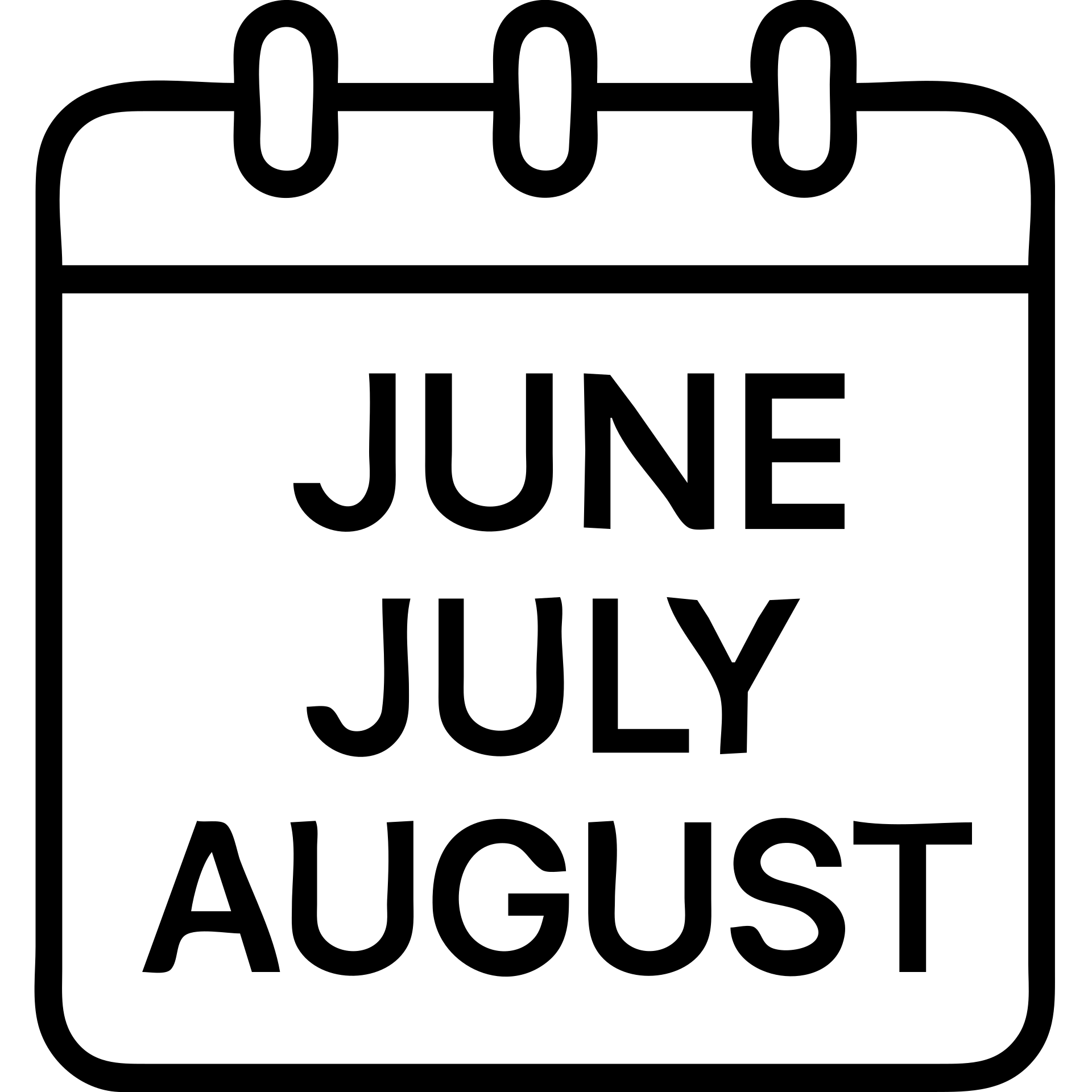 icon of a calendar with three months, month names June, July, August, outlined style, modern and easy to read emoji