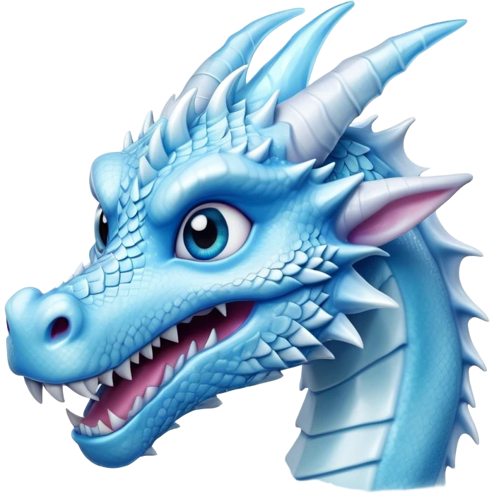 Cinematic Comical Beautiful Ice Dragon Portrait Emoji, Head tilted dramatically with an exaggeratedly amused expression, featuring a striking, glossy icy body with bold, crystalline textures and wide, expressive eyes that shimmer with playful frost, rendered with vibrant, lifelike detail and dynamic, natural shadows, high shine, dramatic yet whimsical, styled with an air of cheeky arctic mischief, soft glowing outline, capturing the essence of a spirited and over‐the‐top ice marvel that looks ready to burst into a flurry of frosty fun! emoji