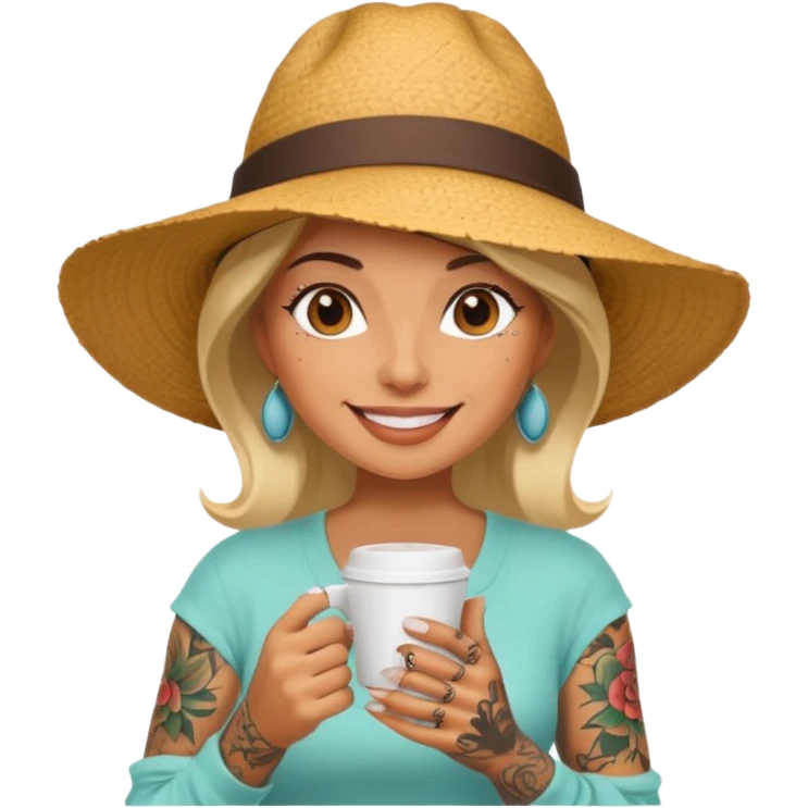 Tattooed lady in sunhat holding coffee cup emoji