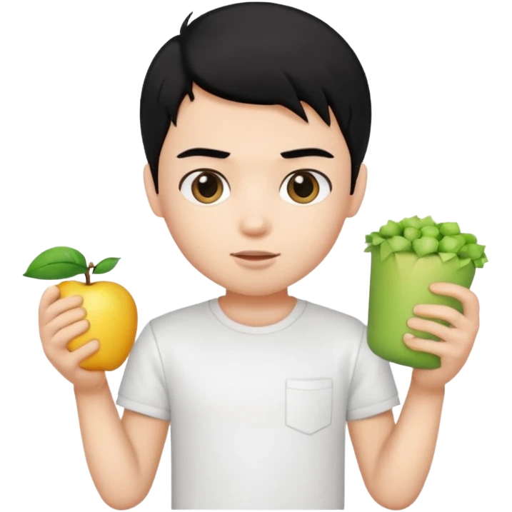 generate a pretty bratz emoji of a boy with black hair wearing a white tshirt and holding a cT emoji