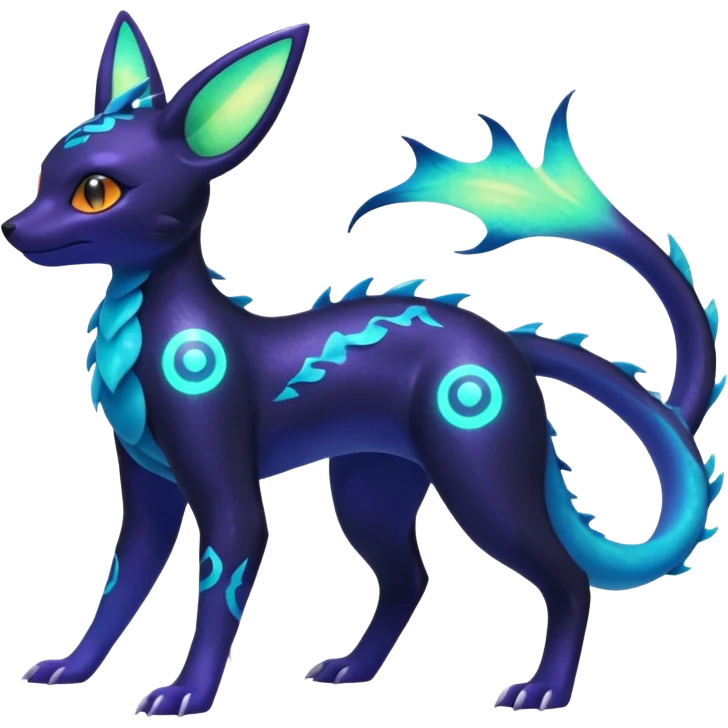 Shiny Aural Iridescent Fluorescent Bioluminescent Umbreon-Amaura-Salandit-Vaporeon-Fakémon-fusion (full body) emoji