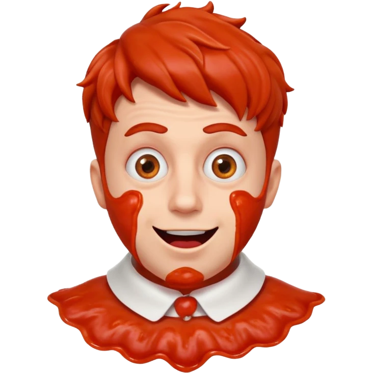 funny theater actor portrait, head and shoulders only, covered in tomato sauce, shocked wide eyes, awkward smile, stage costume collar, 3D cartoon, mobile game icon style, clean background, no text, no watermark
 emoji