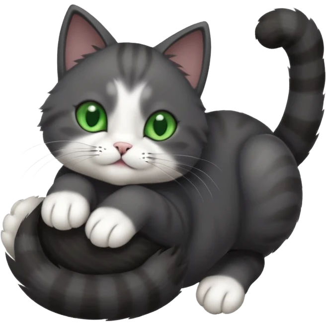 solid dark grey cat with green eyes, white toes/paws and white patch on her chest playfully rolling upside down emoji