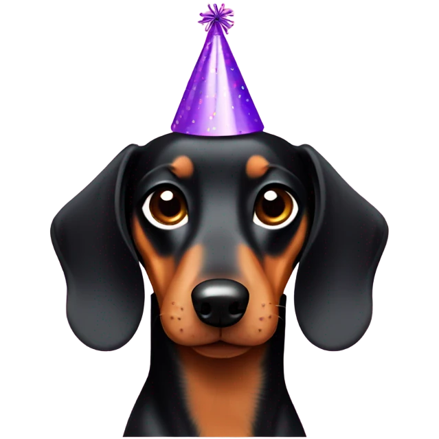 Black and tan dachshund wearing a party hat emoji