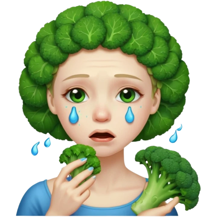 Woman crying eating broccoli. make tears blue color emoji