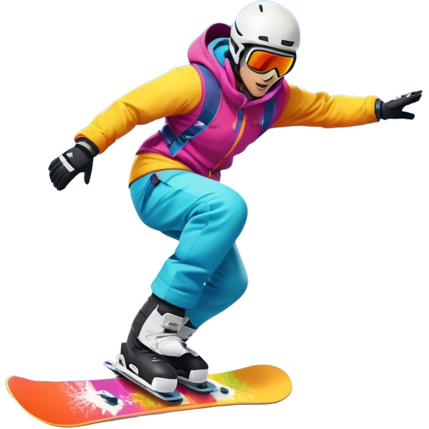 An icon showing a snowboarder performing an exciting jump on a snow-covered slope. The background features towering mountains, snow-covered trees, and a bright, clear sky. Transparent background highlights the speed, agility, and thrill of snowboarding. emoji