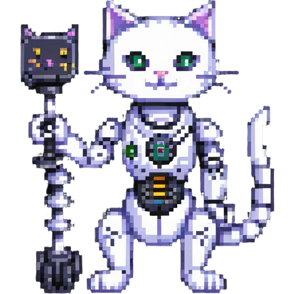 pixel art cat with a robotic arm, retro gaming vibe emoji