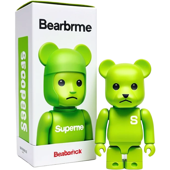 geometric bearbrick figurine with cube-shaped head, lime green balaclava with Supreme box logo on it, expressive eyebrows visible, toy design emoji
