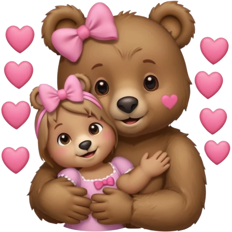 girl bear with bow on her head and boy bear hugging, couple, surrounded by hearts, playful and loving, cute emoji