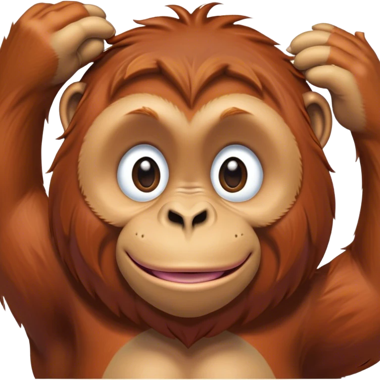 Cinematic Cute Orangutan Portrait Emoji, Head tilted playfully and inquisitively, with a gentle, expressive face accented by soft, flowing fur and round, sparkling eyes brimming with warmth, Simplified yet irresistibly adorable features, highly detailed, glowing with a warm, friendly glow, high shine, affectionate and lively, stylized with a touch of jungle whimsy, bright and endearing, soft glowing outline, capturing the essence of a mischievous yet loving orangutan that seems as if it could swing out of the screen into your arms! emoji