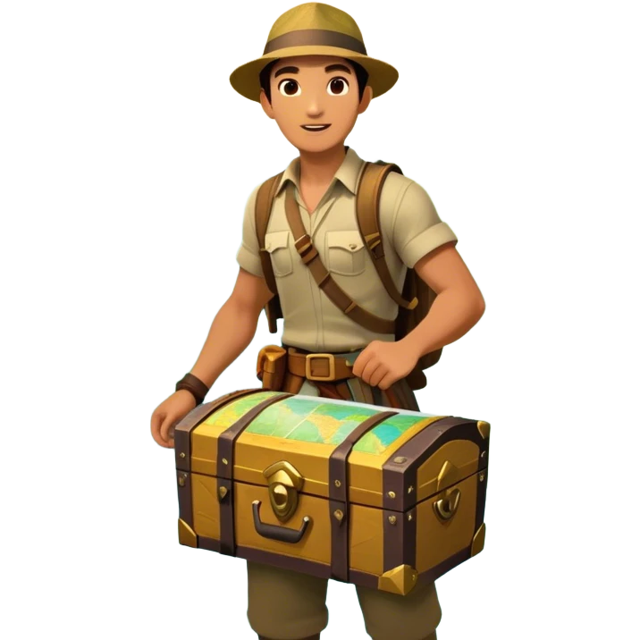 Icon for Adventure Movie: A vibrant, cinematic poster-style design featuring an action-packed scene. Include an adventurer with a map, a treasure chest, a jungle background, a towering mountain, and ancient ruins. Bright colors, bold typography, and an exciting atmosphere. Transparent background. emoji