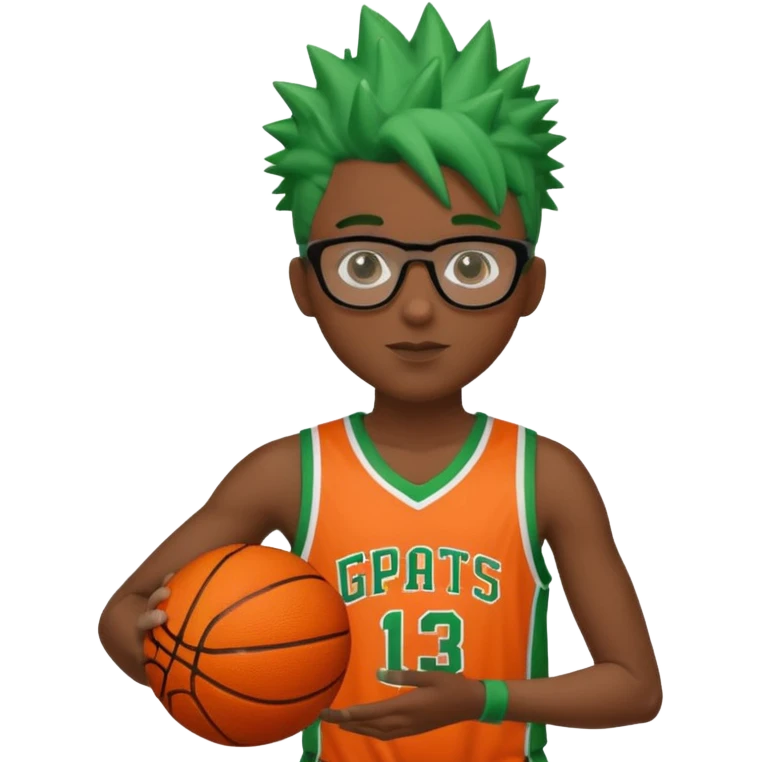 Green-Haired Athlete – Green spiky hair, orange basketball uniform, glasses, holding ball.


 emoji