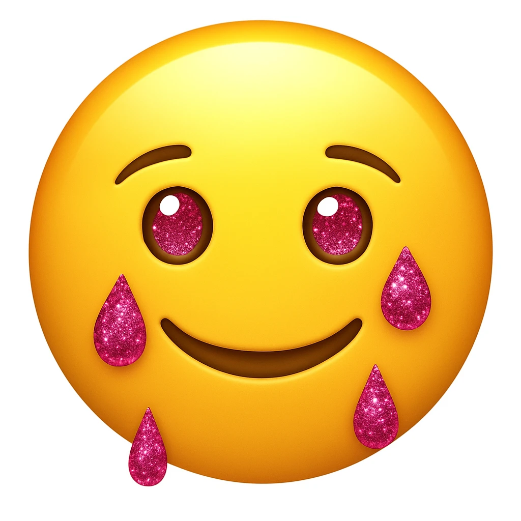 Make the tears pink glittery and the lips smile on a classic round yellow face emoji. The face should not be a woman face, but a classic emoji face. emoji