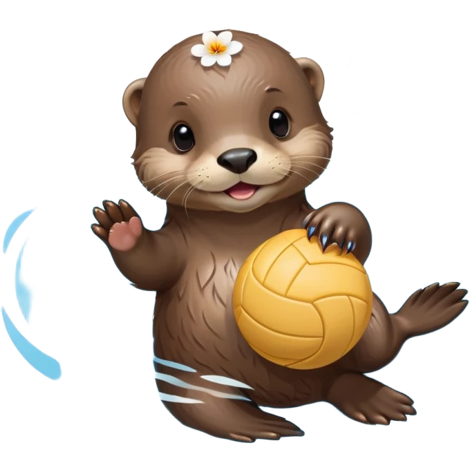 super cute baby otter with a tiny colorful flower on its head, floating on VERY CLEARLY VISIBLE blue water with prominent waves and ripples all around, baby otter with gentle expression holding a volleyball with both small paws above the obvious water emoji