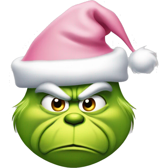 grinch face with a frown wearing a light pink santa hat emoji